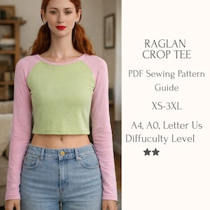 Raglan crop-top naaipatroon pdf | Getailleerd baby-T-shirt XS–3XL | Gebreid Y2K-shirt met kleurblokken | Naaipatroon voor beginners, gebreide streetwear-top, digitaal