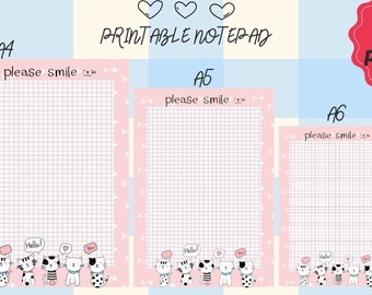 Cute Pink Cat Printable Notepad Stationary Paper Kitten A4 A5 A6 PDF Digital Instant Download Template Squared Journal Paper Letter Size