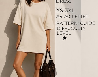 Puede incluir: Un vestido tipo camiseta de color crema con mangas cortas y cuello redondo. El texto a la derecha dice: RELAXED TSHIRT DRESS, XS-3XL, A4-A0-LETTER, PATTERN+GUIDE, DIFFICULTY LEVEL, y un símbolo de estrella.