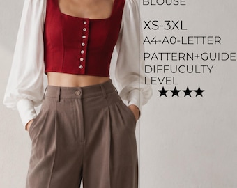 Puede incluir: Una blusa corta Veloura con cuerpo rojo oscuro, escote cuadrado y mangas largas abullonadas blancas con puños abotonados. El frente presenta una fila vertical de botones blancos. El texto incluye VELOURA BLOUSE, XS-3XL, A4-A0-LETTER, PATTERN+GUIDE y DIFFICULTY LEVEL con cuatro estrellas.