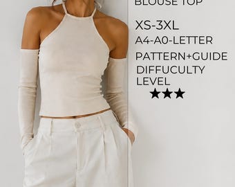 Puede incluir: Una blusa de cuello halter color crema con mangas largas separadas. El texto dice: HALTER NECK BLOUSE TOP, XS-3XL, A4-A0-LETTER, PATTERN+GUIDE, DIFFICULTY LEVEL y tres estrellas. La prenda se combina con pantalones de color crema.