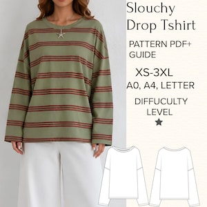 May include: A long-sleeve olive green t-shirt with horizontal dark red stripes, featuring the text Slouchy Drop Tshirt, PATTERN PDF+ GUIDE, XS-3XL, A0, A4, LETTER, DIFFICULTY LEVEL, and a line drawing of the shirt front and back.