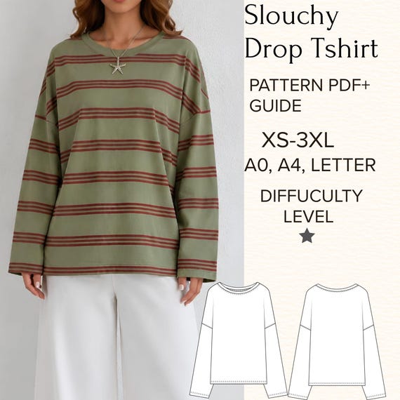Oversize Long Sleeve T-Shirt Sewing Pattern,Crew Round Neck,Drop Shoulder Women Top,Girls Blouse Sewing Pattern,Stretchy Tee,Easy PDF