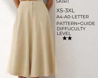Puede incluir: Una falda midi acampanada de color beige con cinturilla, cierre de botón y costuras verticales. El texto a la derecha dice: FLARED MIDI SKIRT, XS-3XL, A4-A0-LETTER, PATTERN+GUIDE, DIFFUCULTY LEVEL, junto a dos estrellas que indican la dificultad.