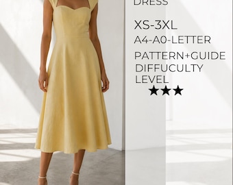 Puede incluir: Un vestido midi de color amarillo pálido con escote corazón y mangas cortas. El texto dice: PRINCESS LONG DRESS, XS-3XL, A4-A0-LETTER, PATTERN+GUIDE, DIFFICULTY LEVEL, y tres estrellas negras que indican el nivel de dificultad.