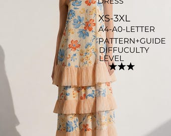 Puede incluir: Un vestido largo con base crema, estampado floral azul y naranja, tirantes finos y tres niveles plisados color melocotón. El texto dice: LONG FROCK DRESS, XS-3XL, A4-A0-LETTER, PATTERN+GUIDE, DIFFCULTY LEVEL, tres estrellas.