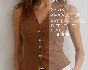 Puede incluir: Un chaleco marrón sin mangas con escote en V y cuatro botones frontales. El texto en la imagen dice: BUBBLEGUM VEST, XS-3XL, A4-A0-LETTER, PATTERN+GUIDE, DIFFICULTY LEVEL y tres estrellas. El chaleco se lleva sobre unos pantalones blancos.