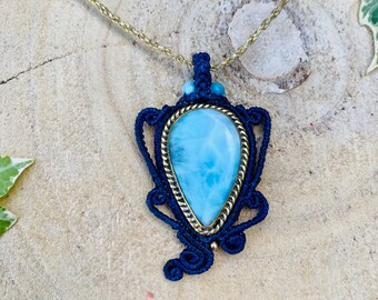 Macrame necklace, women's necklace, breastplate necklace, ethnic necklace, boho necklace, goddess necklace, micro fern, larimar necklace