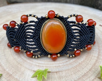 Cuff bracelet, ethnic macrame bracelet, carnelian cuff, carnelian bracelet, lithotherapy, macrame cuff,