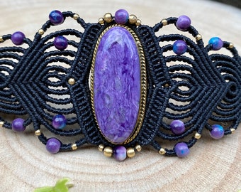 Cuff bracelet, ethnic macrame bracelet, Charoite cuff, Charoite bracelet, lithotherapy, macrame cuff,