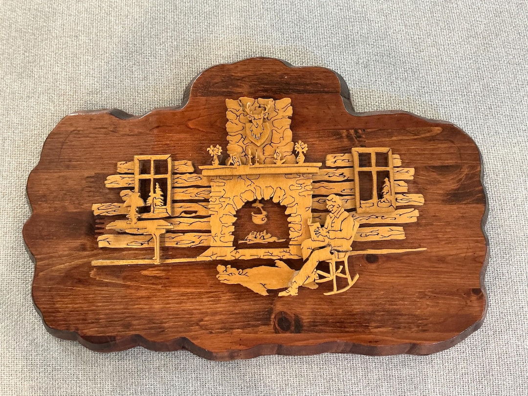 Scene Cutter Clacking Vtg 1970s Laser Cut Log Cabin Scene Layered Wood Wall Decor Rustic MCM ...