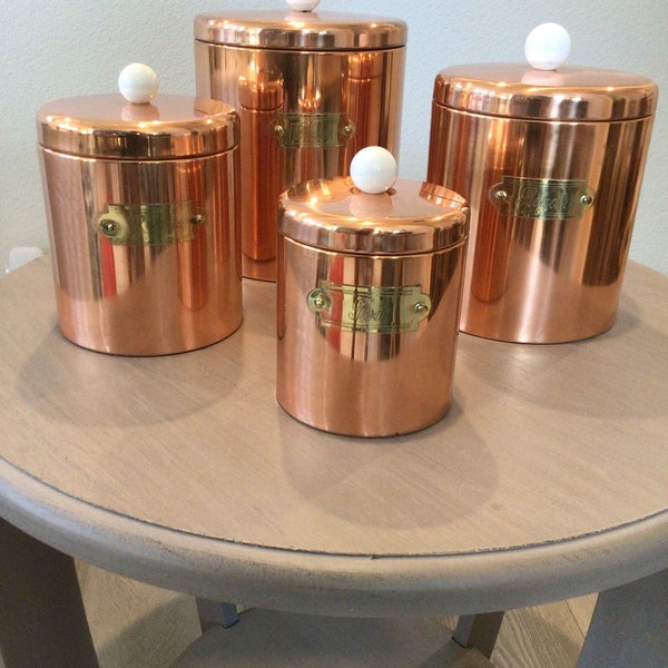 Vintage Copper Kitchen Canister Set of 4 with Lids and Brass Labels