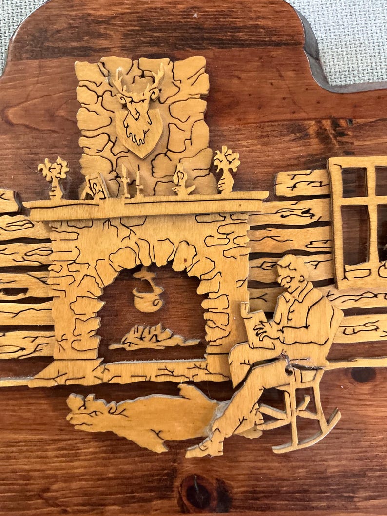 Scene Cutter Clacking Vtg 1970s Laser Cut Log Cabin Scene Layered Wood Wall Decor Rustic MCM ...