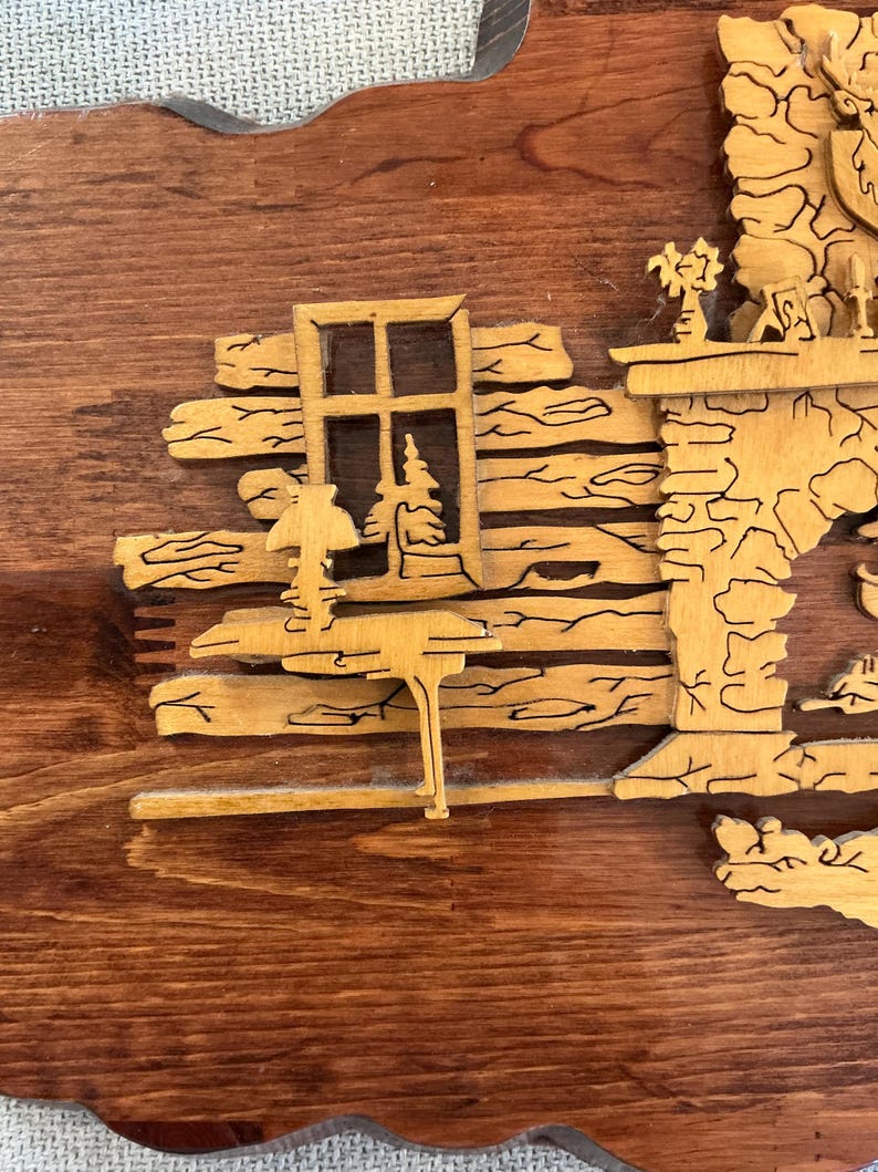Scene Cutter Clacking Vtg 1970s Laser Cut Log Cabin Scene Layered Wood Wall Decor Rustic MCM ...
