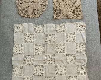 Lot of 3 Vtg Beige Doilies Handmade English 1970s