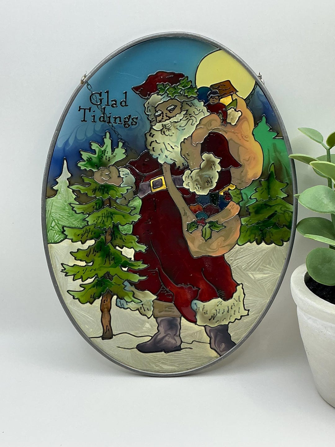 VTG Santa Hand Painted Stained Glass Hanging Glad Tidings Joan