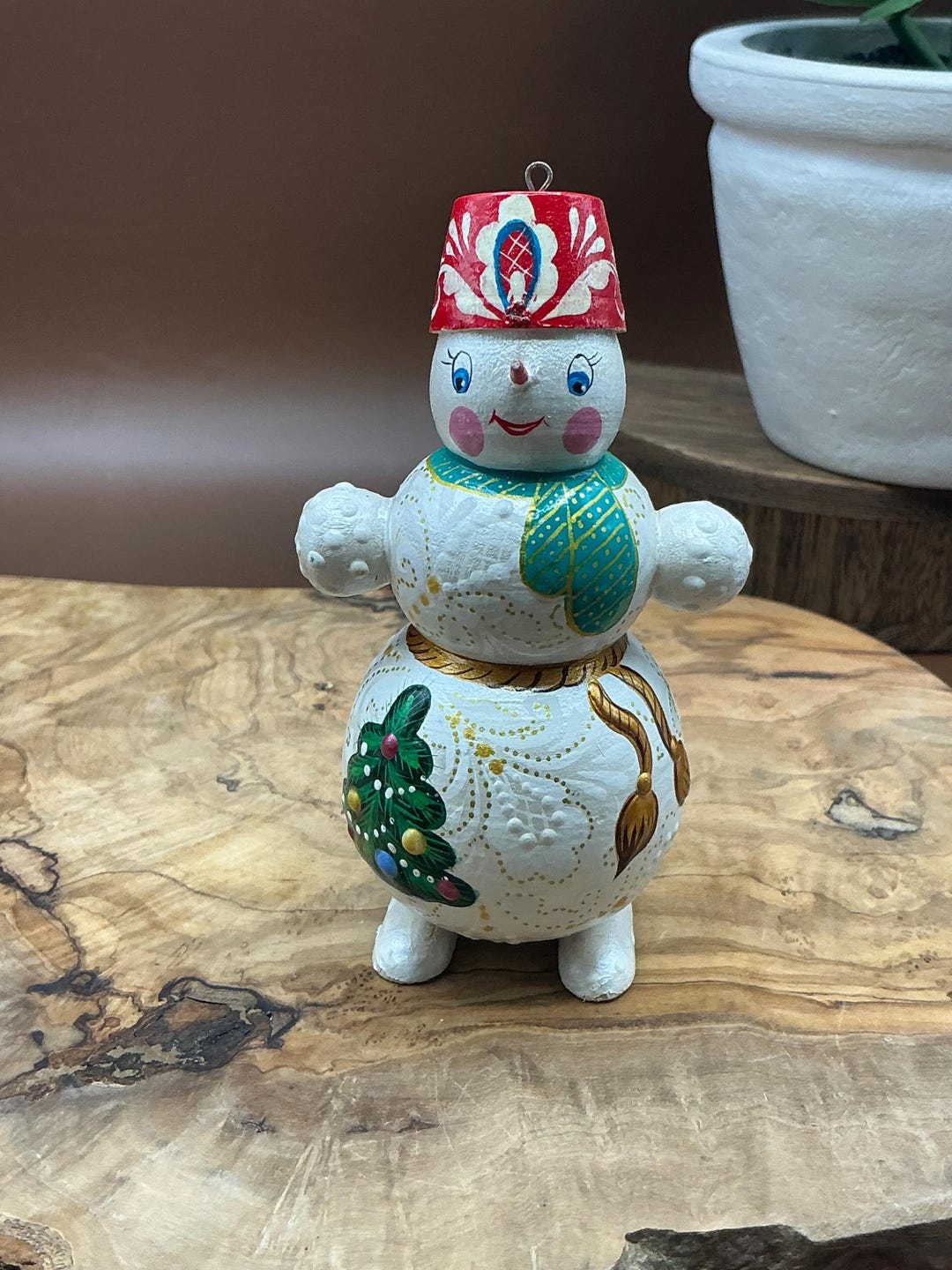 Vtg Hand Painted Russian Snowman Christmas Ornament RARE Folk Art