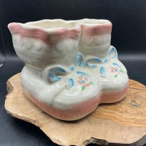 Vintage Ceramic Baby Booties Shoes Glazed Planter Pink Trim