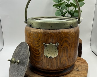 VTG HC & Co S SAC English Silver Plate Oak Brass Biscuit Cookie Barrel