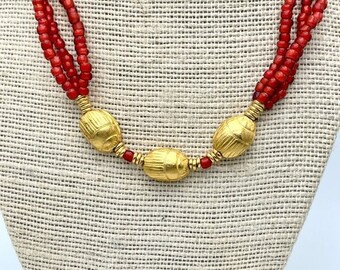 Egyptian Gold Scarab Necklace with Red Beads