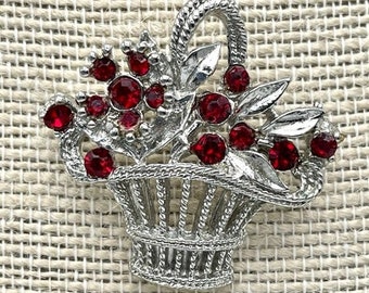 Vintage Silver Floral Basket Pin Brooch with Red Stones