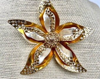 Vintage Avon Large Gold Tone Flower Brooch Crystal