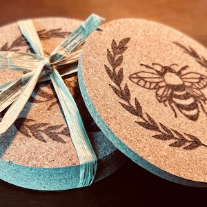 Coaster Set of 4 Hand Burned Bee Design Cork  Luminary Coaster Queen Bee Eco friendly Bee Lover Gift Bee Themed Teacher Hostess Housewarming