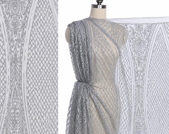 Gold & Silver Glitter Mesh Lace Fabric, Luxury Beaded Lace by the Yard, Bridal Fabric, Prom Dress Fabric, Couture Evening Gown Material
