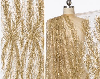 Gold Sequin Fabric by the Yard, Bridal Lace Fabric, Glitter Mesh Tulle, Prom Dress Fabric, Sparkly Embroidered Couture Fabric