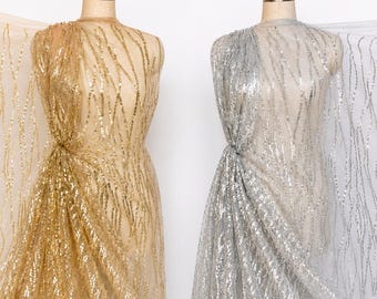 Gold & Silver Sequin Fabric by the Yard, Luxury Glitter Mesh Lace Fabric, Bridal Fabric, Prom Dress Fabric, Evening Gown Fabric, Sparkly Cou