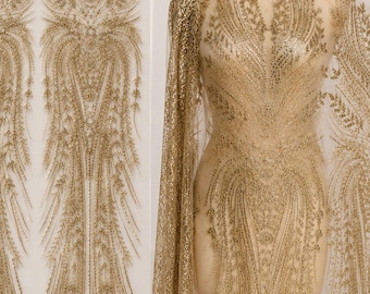 Gold Sequin Fringe Fabric by the Yard, Luxury Beaded Mesh Lace Fabric, Stretch Embroidered Fabric for Evening Dress, Bridal Gown, Couture