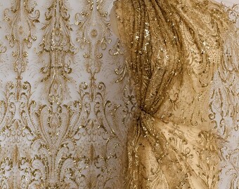 Luxury Gold Sequin Lace Fabric by the Yard, Glitter Mesh Embroidery Fabric, Bridal Lace Material, Wedding Dress Fabric, Couture Evening Gown