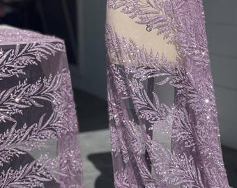 Purple Glitter Mesh Lace Fabric with Crystals, By The Yard