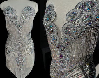 Rhinestone Bodice Applique: Heavy Beaded Embroidery, Sew-On Crystal Patch