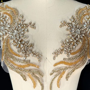 Gold Rhinestone Floral Applique: Beaded Crystal Embroidery Patch (Set of 2)