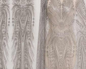 Silver Sequin Fabric by Yard, Glitter Mesh Lace Fabric, Luxury Bridal Couture Fabric for Prom Dress, Evening Gown, Sparkly Tulle