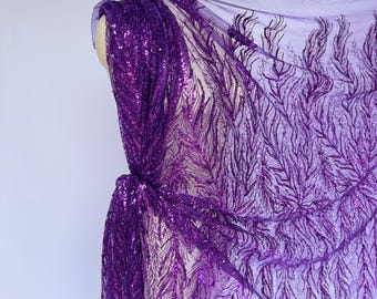 Purple Sequin Fabric by the Yard, Glitter Lace Mesh Fabric, Prom Dress Fabric, Sparkly Embroidered Tulle, Couture Evening Gown Fabric