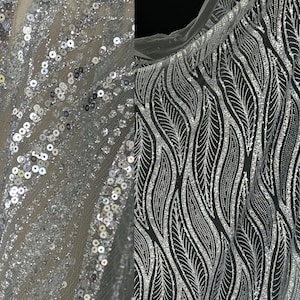 Silver Lace Glitter On Mesh Lace Fabric By The Yard For Evening Silver Dress Shimmer Tulle Fabric For Quinsenera Dress Lace With Sequence