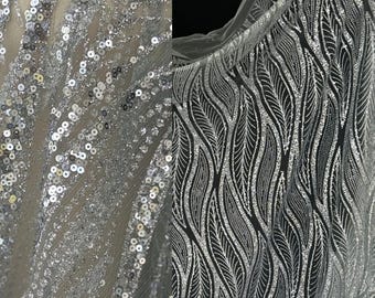 Silver Glitter Lace Fabric, Sequin Mesh, Evening Dress Material, By The Yard