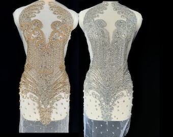 Silver Rhinestone Bodice Applique: Gold Beaded Embroidery Prom Dress Panel