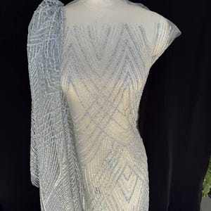 Silver Lace Glitter On Mesh Lace Fabric By The Yard For Evening Silver Dress Shimmer Tulle Fabric For Quinsenera Dress Lace With Sequence