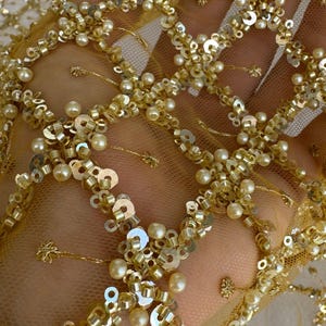 Gold Beaded Lace Fabric: Geometric Sequins & Pearl Embroidery