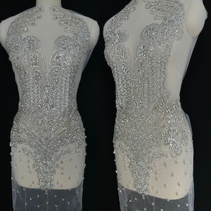Silver Rhinestone Bodice Applique For Dress Beaded Embroidery Prom Dress DIY Projects Crystals Sew On Rhinestone Shiny Embellished Bodice