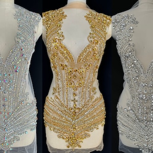 Rhinestone Embellished full bodice applique, silver/gold/pearls beaded sew on embroidery Patch For DIY Project prom Dress Quinceanera Gown