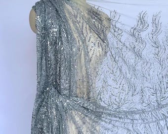 Silver Sequin Fabric by the Yard, Bridal Lace Fabric, Glitter Mesh Tulle, Wedding Dress Fabric, Sparkly Couture Evening Gown Fabric