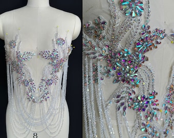 Handcrafted Silver Rhinestone Applique: Crystal Floral Fringe Patch