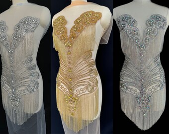 Rhinestone Beaded Bodice Applique: Silver, Gold, & Pearl Embroidery Patch