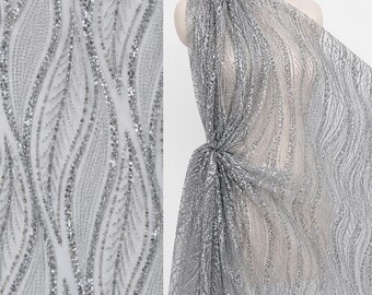 Silver Sequin Fabric by the Yard – Glitter Mesh Lace Fabric for Bridal Gown, Prom Dress, Evening Wear, Sparkly Couture Fabric