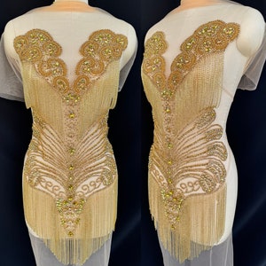 Gold Rhinestone Applique Full Embellishment Bodice Dress Beaded Sew On Applique Evening Gown Crystal Shiny Embroidery Prom Quinceanera