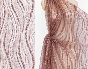 Rose Gold Sequin Fabric by the Yard – Glitter Mesh Lace Fabric for Prom Dress, Bridal Gown, Evening Dress, Sparkly Couture Fabr